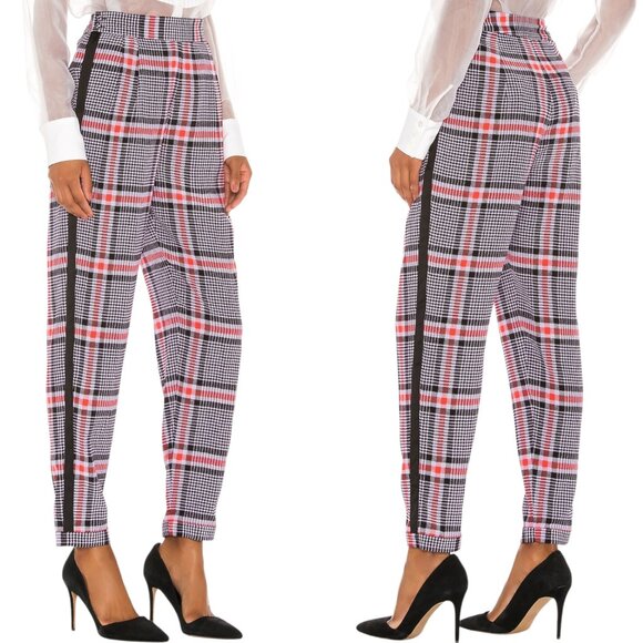 Fleur du Mal Pants - Fleur Du Mal - Womens Plaid Silk Tuxedo Trouser Pants, Satin Trim - Pink, Size 2